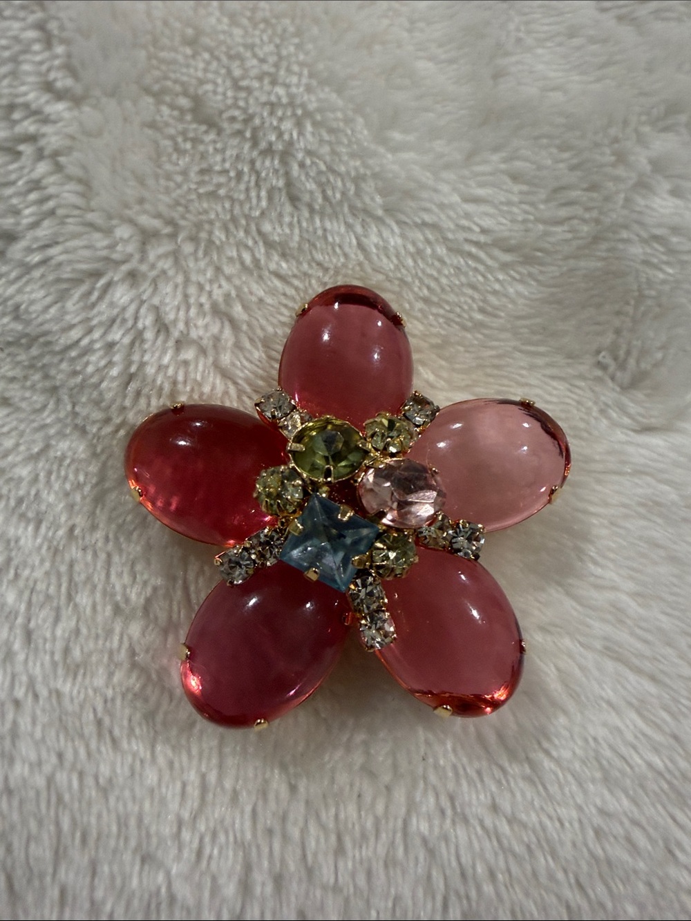 Pink Floral Cabochon and Crystal Brooch - Unbranded